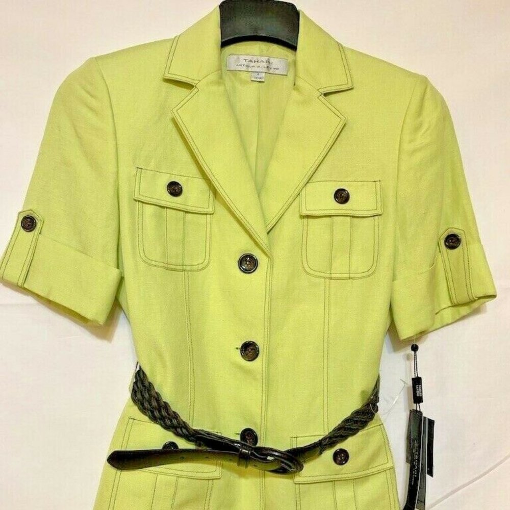 NWT! Tahari By Arthur S.Levine Linen Blend Lime  Short Sleeve Jacket w/Belt~Sz.2